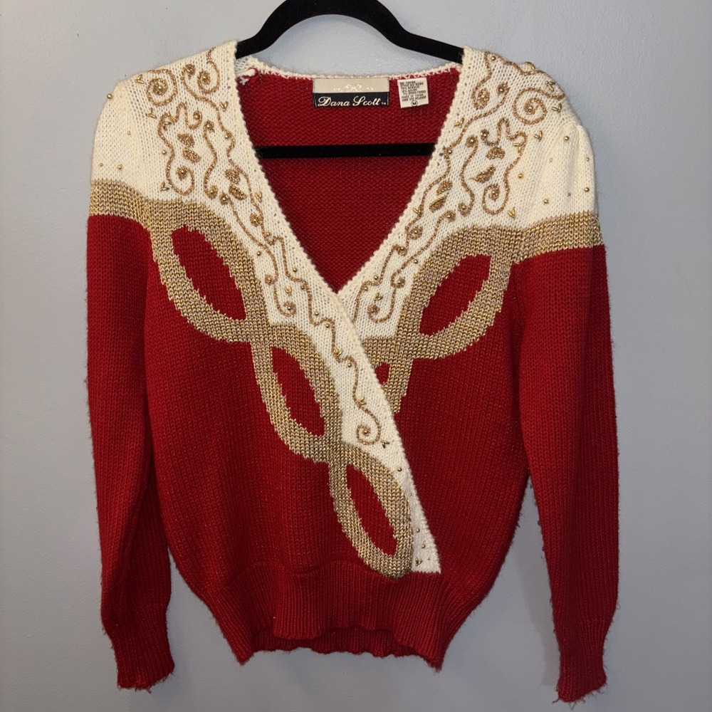Vintage Dana Scott Sweater Red/‎ Ivory /Gold Beaded New Years Christmas Womens M